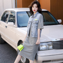 European station 2021 summer new denim horse clip short coat T-shirt dress women fashion vest two dress dress