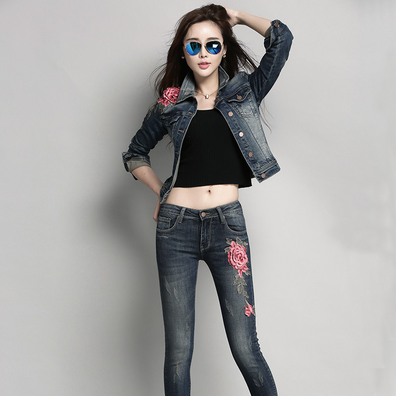 Women's Fashion Suit 2023 Spring and Autumn New Embroidered Long-sleeved Top Denim Short Coat Slim Trousers Two-piece Set
