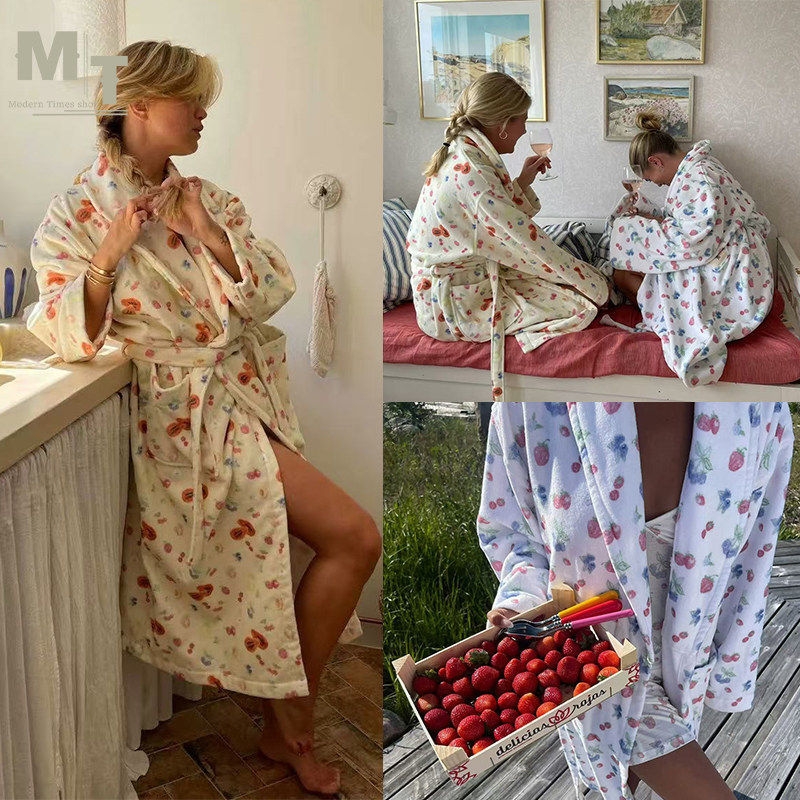 【Mts】Djerf Avenue Pure Cotton Berry Print Papaya Cute Lace-Up Nightgown Bathrobe Loungewear 【Mts】Djerf Avenue Pure Cotton Berry Print Papaya Cute Lace-Up Nightgown Bathrobe Loungewear
