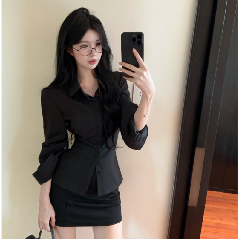 Elegant and Figure-Flattering Black Long-Sleeve Shirt for Women, Ol Style Slim-Fit Shirt and Hip-Hugging Skirt Set Elegant and Figure-Flattering Black Long-Sleeve Shirt for Women, Ol Style Slim-Fit Shirt and Hip-Hugging Skirt Set