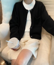 QINGLING Spring and summer fragrance is thin and fashionable black pocket short knitted sweater sun-proof cotton coat woman