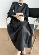 QINGLING Black Classic Elegant Court temperament silk silk silk skinny collar medium long dress woman