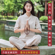 Large size Zen clothing for women 200 pounds of cotton and linen suit custom-made Chinese-style buckle layman clothing female Buddhist meditation practice clothing