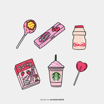 smokebomblab tattoo stickers for children pink snacks Yakult Frappuccino strawberry lollipops
