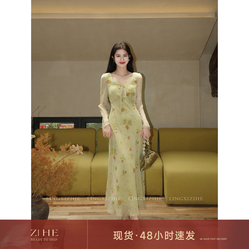 Lingqian Zihhe Blue Dye Spring Rhythm'French Green' Chiffon Floral Dress Women's Summer Tie-Up Long Sleeve Long Dress