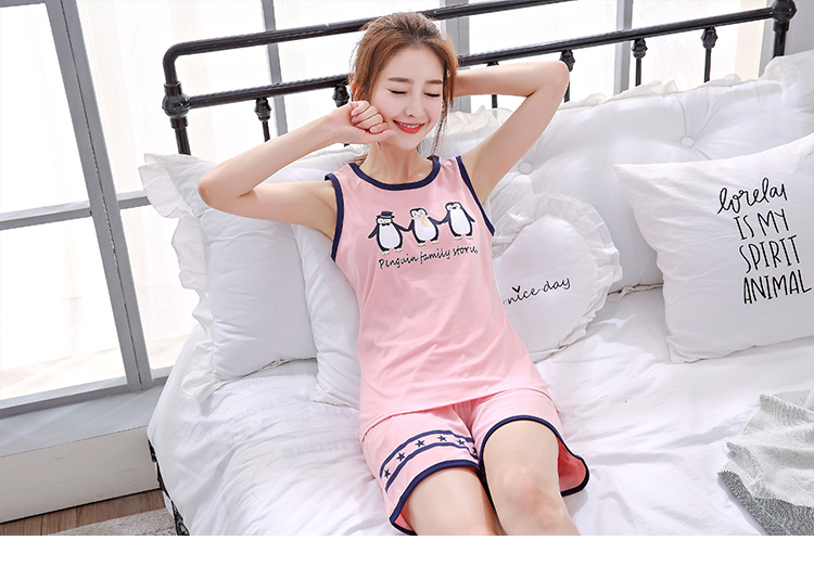 Mùa hè đồ ngủ nữ vest quần short cotton kích thước lớn phù hợp với ngắn tay dịch vụ nhà không tay mỏng đồ ngủ cô gái mùa thu