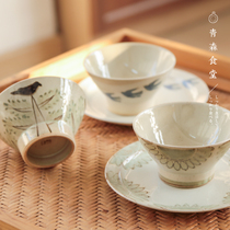 < Qingsen Cafeteria > Japanese BZJS Coarse Pottery Hand for Yanzi Sunflower Forest Middle Bird Ceramic Rice Bowl