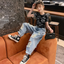 Childrens clothing jeans Summer slim fit 2022 new CUHK Girl girl Broken Pants Girl Ocean Gas Summer Dress Tide