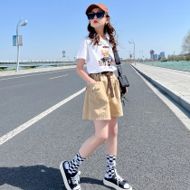 Girl Suit Summer 2022 New Ocean Air Korean Version CUHK Children Short Sleeve Summer Dress Tooling Shorts Two Sets Tide