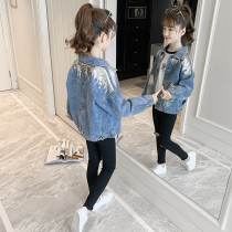 Girl Spring Dress Denim Jacket 2022 New Children Great Child Korean Version Jacket Girl Foreign Air Mesh Red 13 Year Old Blouse