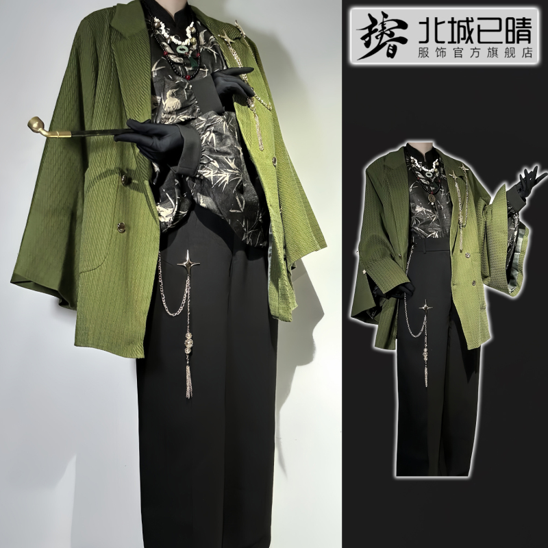【Two-Piece Set】Chinese-Style Double-Breasted Suit, Versatile for Commuting, Loose-Fitting, National Style Olive Green Jacket, Retro, Unisex