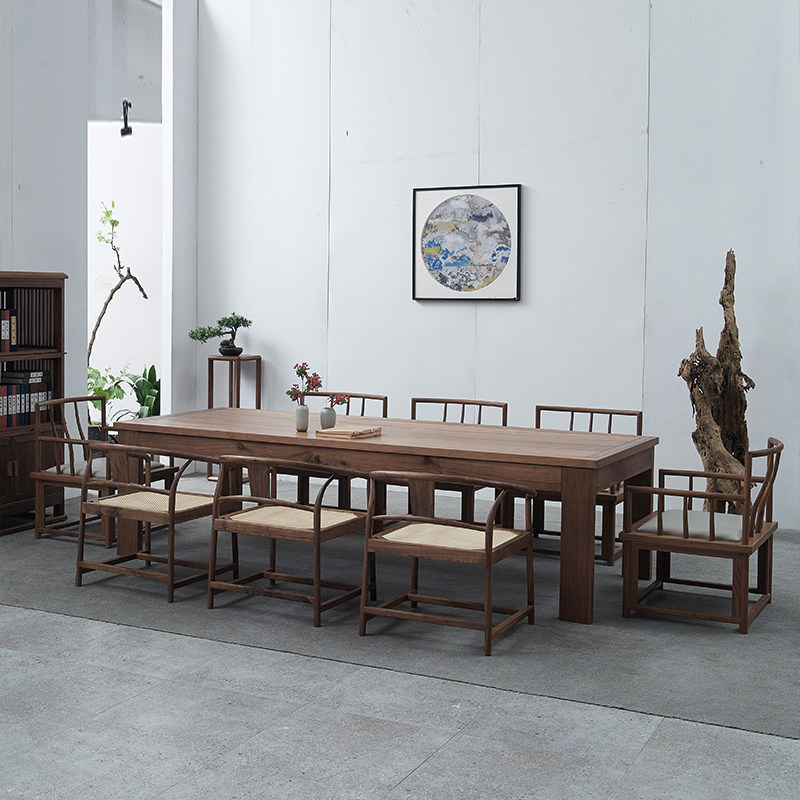 New Chinese style tea table and chair combination conference table Zen simple modern black walnut solid wood large tea table large rectangle