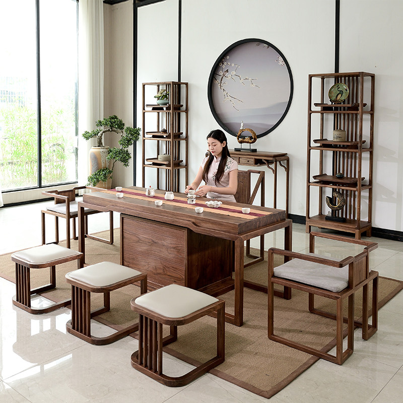 New Chinese style black walnut tea table and chair combination solid wood kung fu tea table table complete Zen home tea room furniture