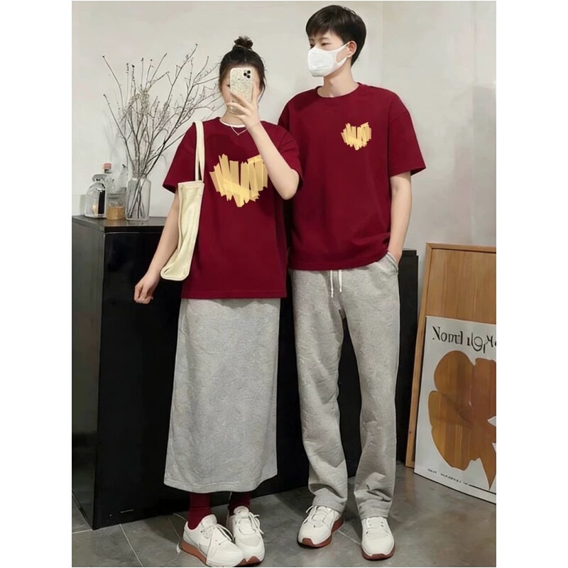 Plus Size 150kg New Chinese Style Couple Outfit Short-Sleeved T-Shirt for Men and Women in Burgundy for the Year of Birth, Engagement Registration Top