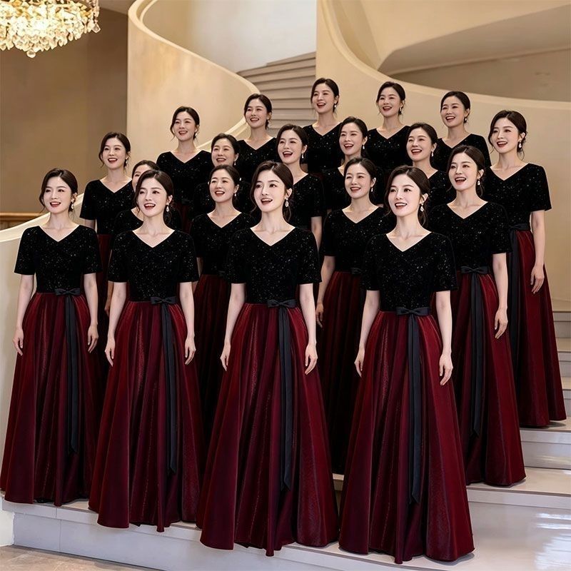 Choir Performance Dress for Women, New Long Dress, Host Evening Gown, Red Dress for Singing Competition, Student Stage Performance, Red