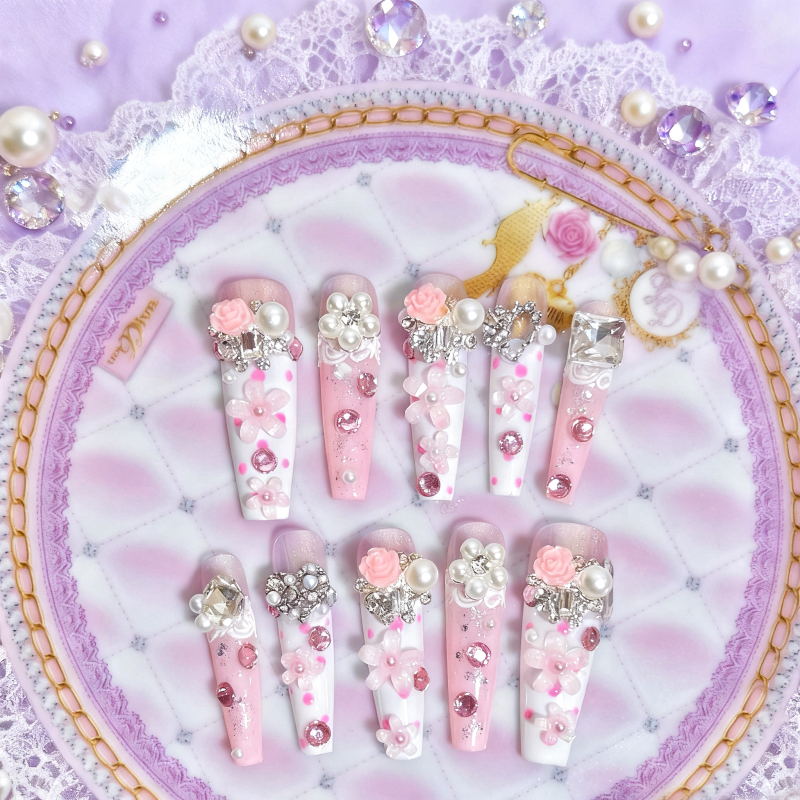 [in Stock] Cat Paw Bathtub｜Gal-Style Vintage Polka Dot Rose Flower Princess-Style Wearable Nail Art
