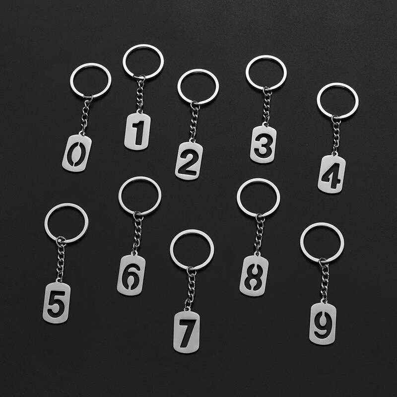 0123456789 Stainless Steel Lucky Number Keychain Rectangular Pendant Jewelry Key Chain Accessory Gift