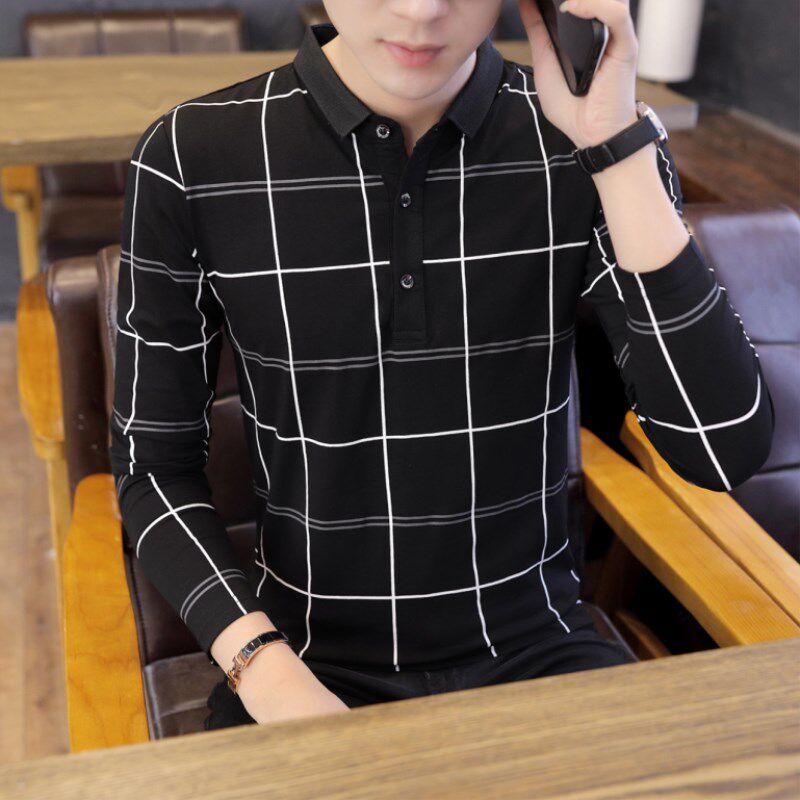 Fall Striped Long Sleeve T-shirt Male Thin collar polo shirt male Chauded Korean version Trend in black and white T-shirt male