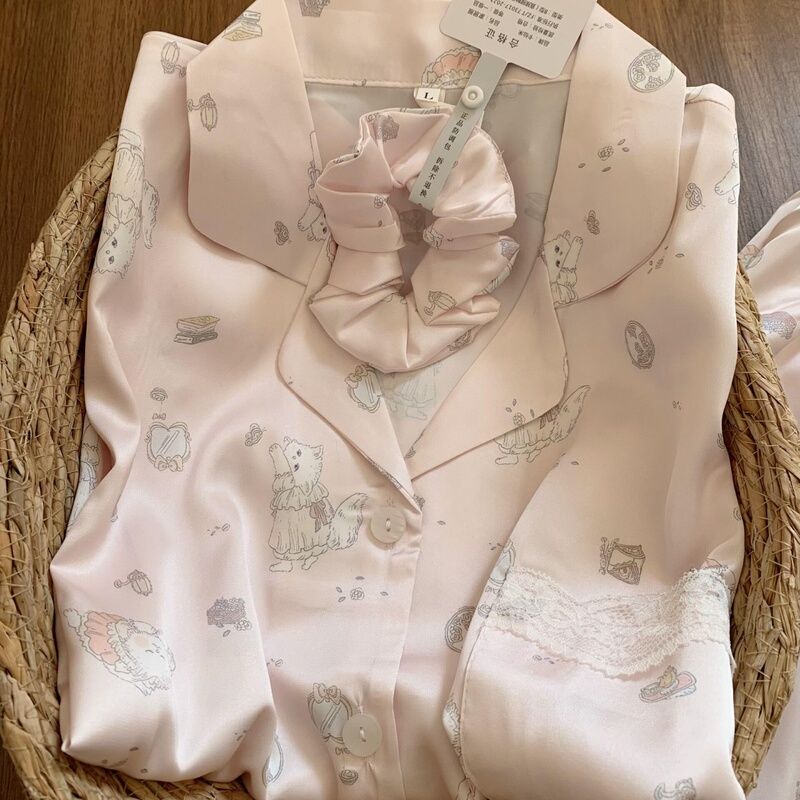 Korean Style Cute Girl Cat Summer Ice Silk Pajamas Women's Thin Short-Sleeved Shorts Cool Home Wear Set