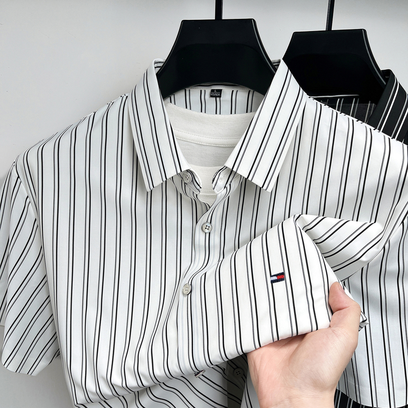 American Brand Tommy Solid Color Short-Sleeve Shirt for Men, Summer Business Casual Non-Iron Shirt with Embroidery, Casual Top for Men