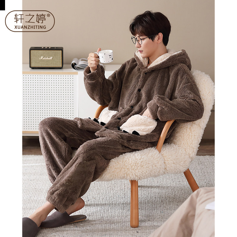 Men's sleepwear autumn and winter style Thickened Coral Suede Cartoon Plus Suede outside wearing home Warm Flannel Winter