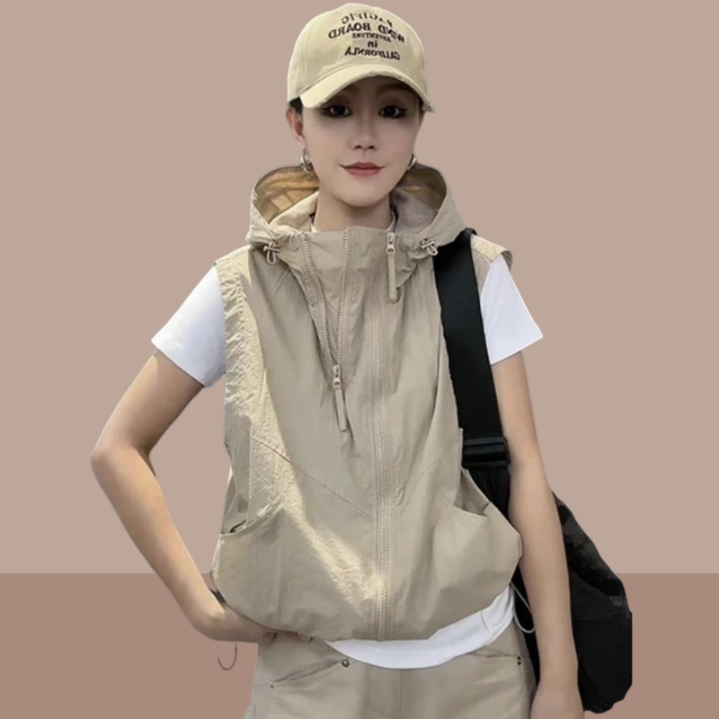 Korean Style Thin Niche Design Double Zipper Plus Size Vest for Women 2026 Summer Hooded Windbreaker Vest Trendy