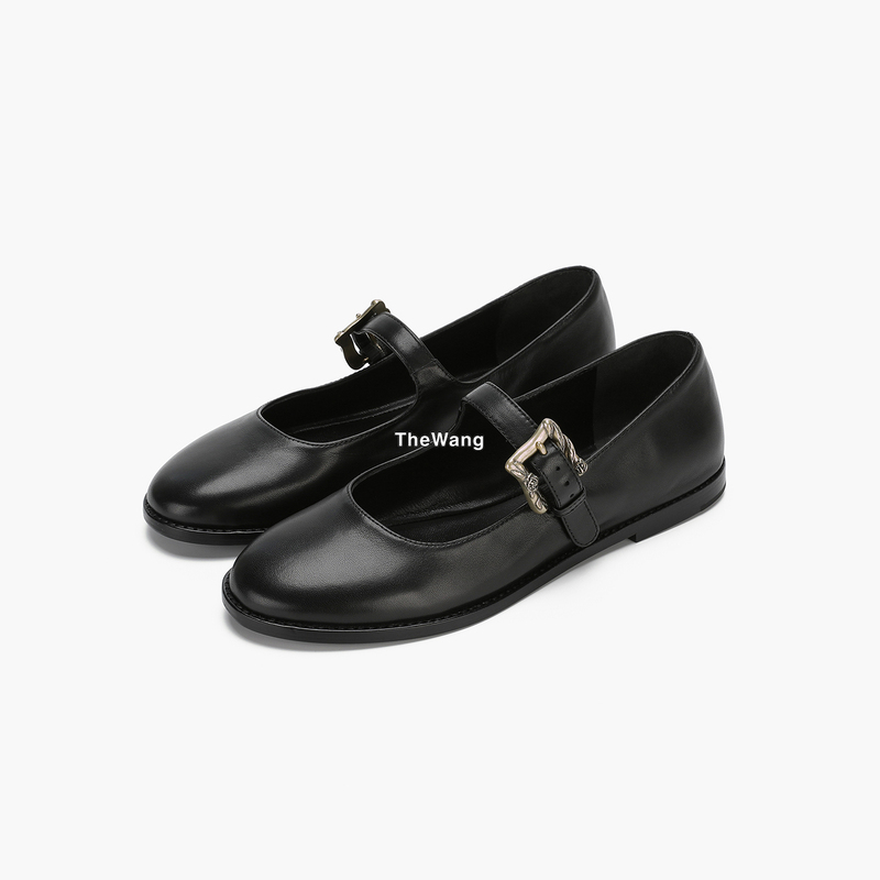 Erd25Ss Black Calfskin Rose Silver Buckle Mary Jane Ballet Shoes Round Toe Versatile Soft Leather Work Shoes Erd25Ss Black Calfskin Rose Silver Buckle Mary Jane Ballet Shoes Round Toe Versatile Soft Leather Work Shoes