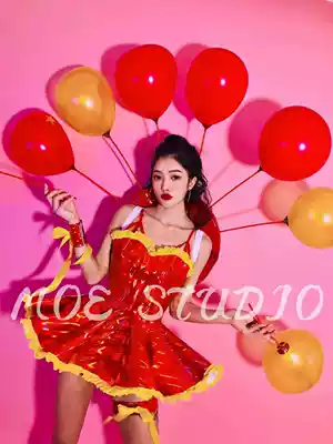 MOE bar balloon party sexy gogo bright red illusion laser swing dress DS lead dance suit