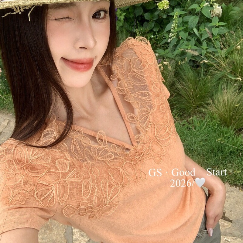 Pumpkin Orange T-Shirt with Crochet Lace V-Neck Short Sleeves, Ice Silk Linen Knit Top, Beautiful Blouse for Women from Guangzhou Shisanxing