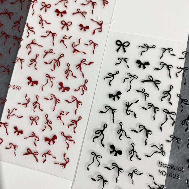 Hand-Painted Bow Nail Stickers, Black and Red Ribbon Bow, Pure and Elegant, High-End Feel, Thin and Flexible Adhesive Nail Stickers for Decoration