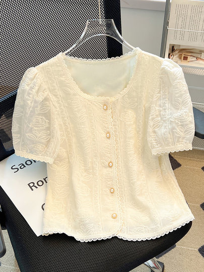 法式小香风短袖蕾丝衬衫女夏薄款轻奢高级感上衣2025新款洋气小衫