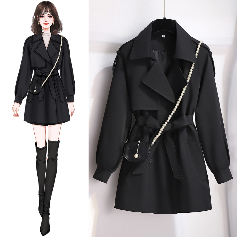 Black Mid-Length Trench Coat for Women, 2026 New Style, Petite Size, Popular for Spring and Autumn, High-End Short Waist-Cinching Coat Black Mid-Length Trench Coat for Women, 2026 New Style, Petite Size, Popular for Spring and Autumn, High-End Short Waist-Cinching Coat