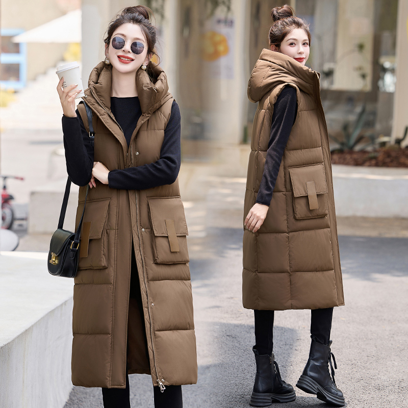New Hooded Black Graphene Heated Thickened Mid-Length down Cotton Vest Jacket for Women, Outerwear, Warm Vest