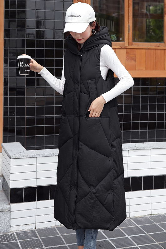 2024 Autumn and Winter New Hooded Long Cotton Vest Jacket for Women, Korean Style Slim Fit, Elegant Over-The-Knee down Cotton Vest, Trendy