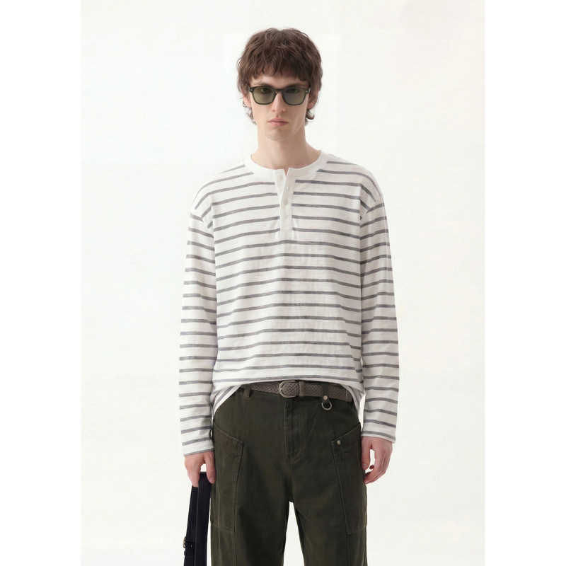 Cegffh American Retro Lyocell Henley Collar Striped Long-Sleeve T-Shirt Spring Unisex Style Commuter Base Shirt