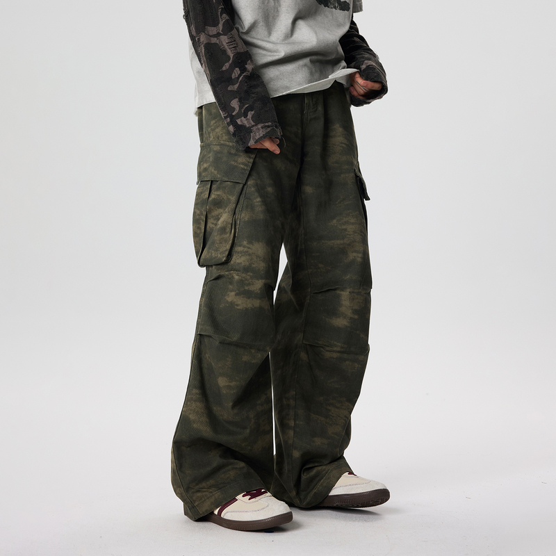 Cegffh American Retro Tie-Dye Loose Cotton Straight-Leg Camouflage Pants Unisex Multi-Pocket Niche Wide-Leg Cargo Pants