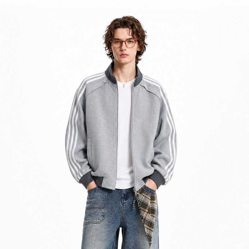 Cegffh American Retro Sports Style Stand-Up Collar Striped Color-Blocking Jacket Unisex Loose Casual Top Outerwear