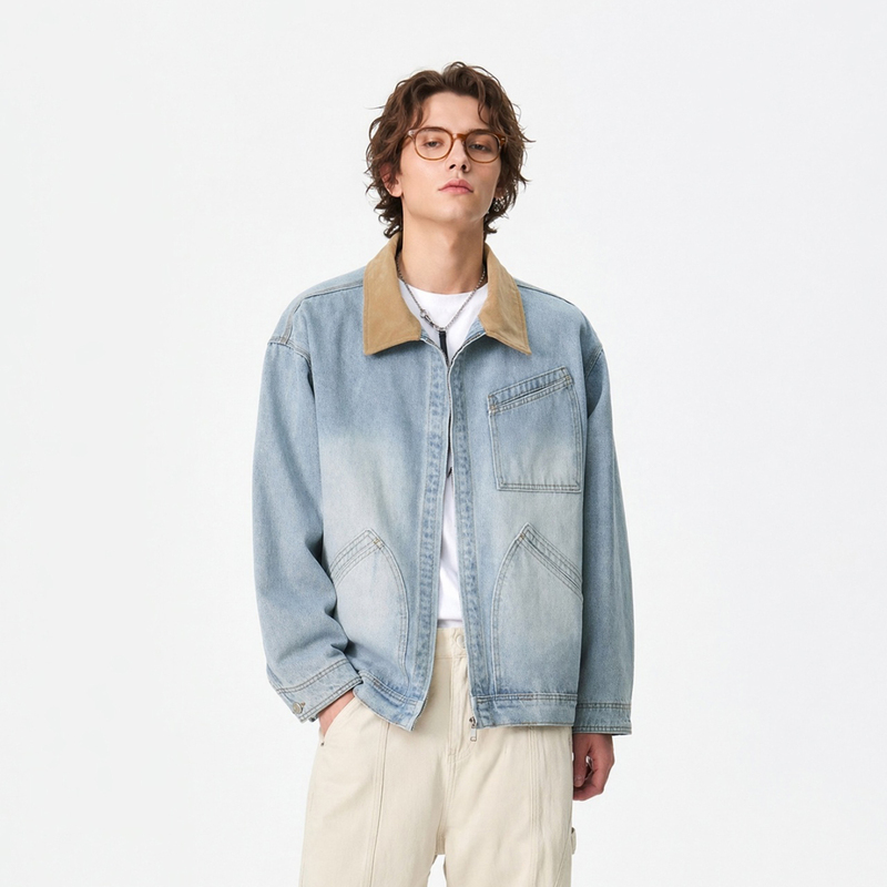 Cegffh Retro Patchwork Style Denim Jacket Men's Loose Lapel Jacket Youth Spring and Autumn Long-Sleeved Jacket