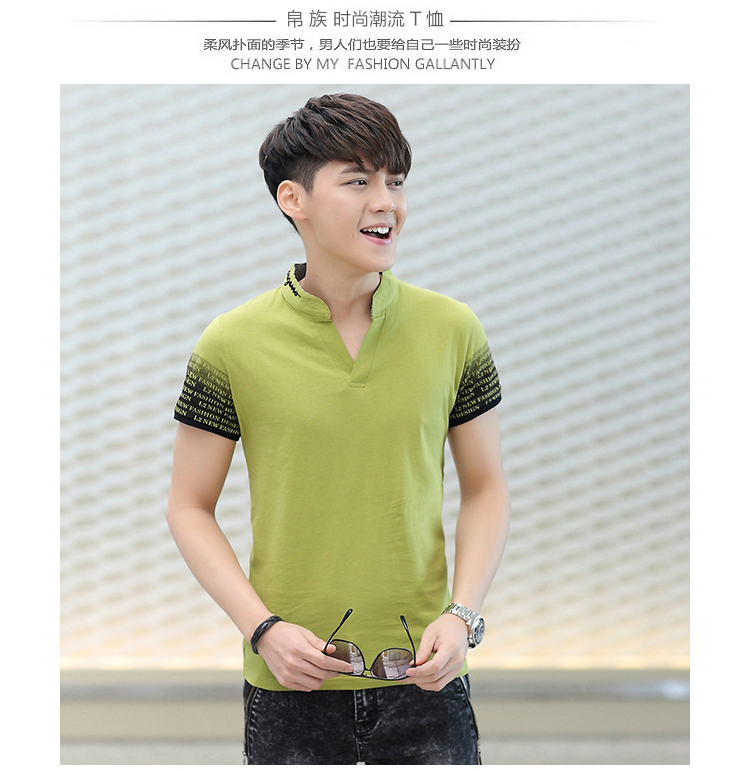 Yi mùa hè mới nam áo thun ngắn tay Cotton cotton cổ chữ V in hình áo thun học sinh thanh niên ao thun polo nam