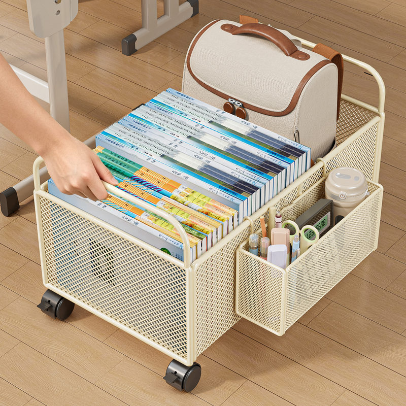 Classroom Book Box, Desk-Side Book Storage Box with Wheels, Large Capacity Book Storage Rack for High School Students, Upgraded Stationery Hanging Basket