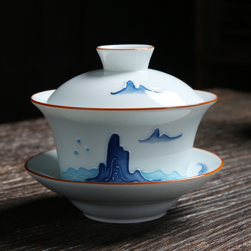 Ceramic cover bowl teacup large 300ML household Jingdezhen hand-painted thickened single three-talented kung fu tea bowl