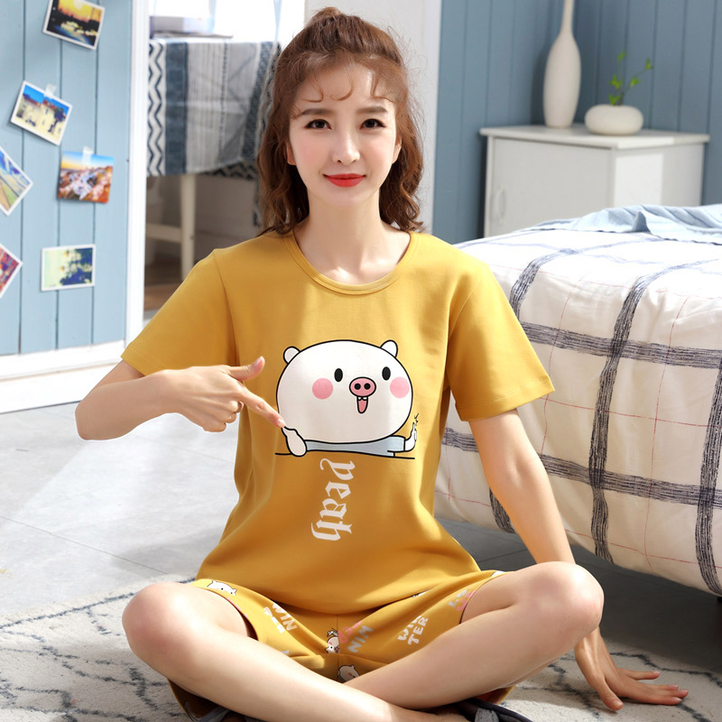 Tăng kích thước bộ đồ ngủ womens mùa hè bông tay áo ngắn mỏng dễ thương cộng với chất béo mm200 pounds lỏng lẻo bộ quần áo về nhà.