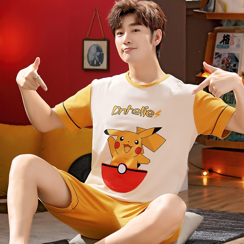 Bộ đồ ngủ Mens Summer mỏng ngắn tay áo bông Junior High School Student cartoon Teen trai Summer Home Suit.