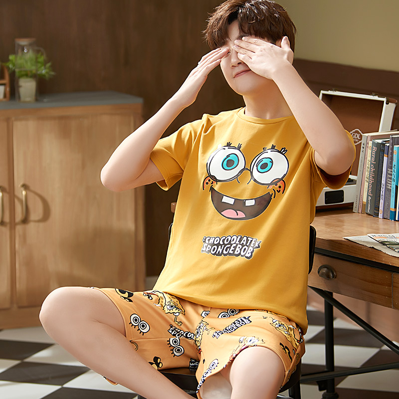 Mens đồ ngủ mùa hè quần short cotton tuổi teen boy phim hoạt hình sinh viên mùa hè mỏng nhà quần áo bộ.