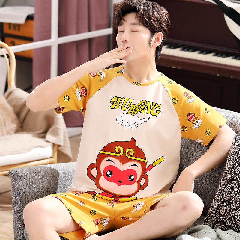 Bộ đồ ngủ Mens Summer mỏng ngắn tay áo bông Junior High School Student cartoon Teen trai Summer Home Suit.