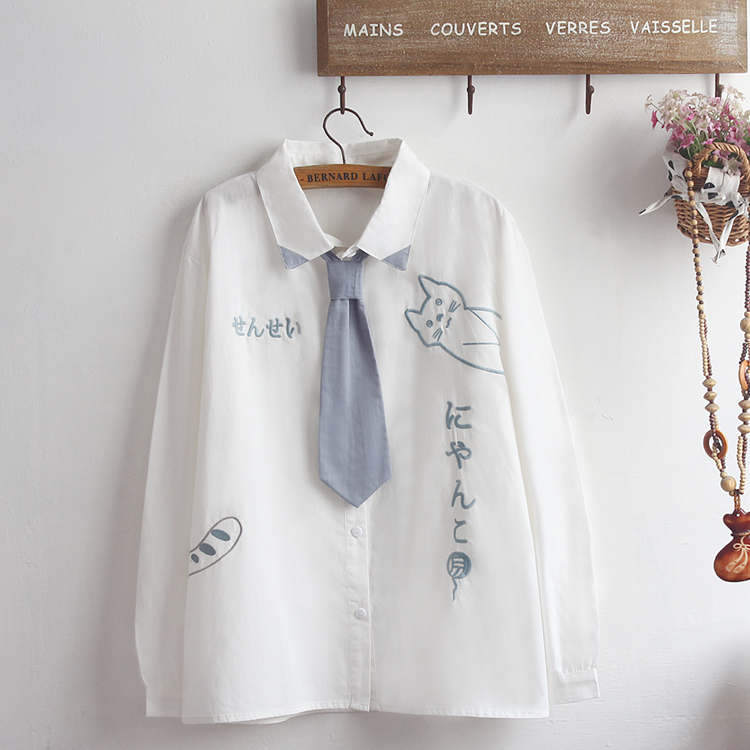Original Cute Japanese-Style Embroidered Tie with Cat Tail Design for Middle School Students, Unisex, Fresh and Youthful Academy-Style Shirt Original Cute Japanese-Style Embroidered Tie with Cat Tail Design for Middle School Students, Unisex, Fresh and Youthful Academy-Style Shirt