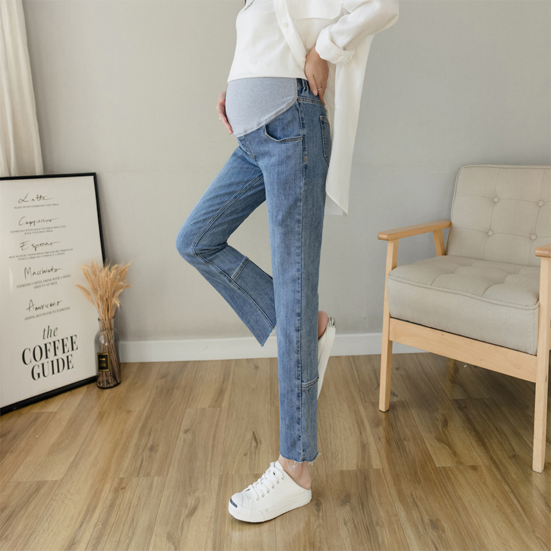 Pregnant women's straight jeans 2021 spring and autumn Han edition high waist slim elastic nine smoke tube trousers and casual button belly