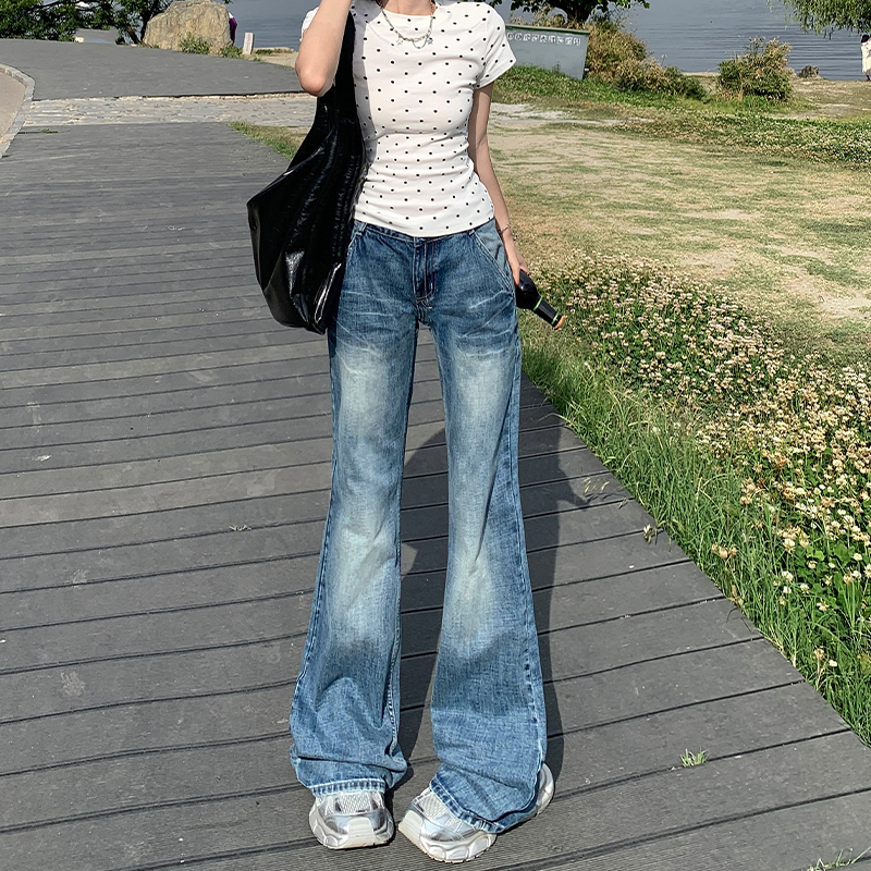 American Retro Low-Waisted Flared Jeans for Women 2024 Autumn New Style Slimming Straight-Leg Floor-Length Pants