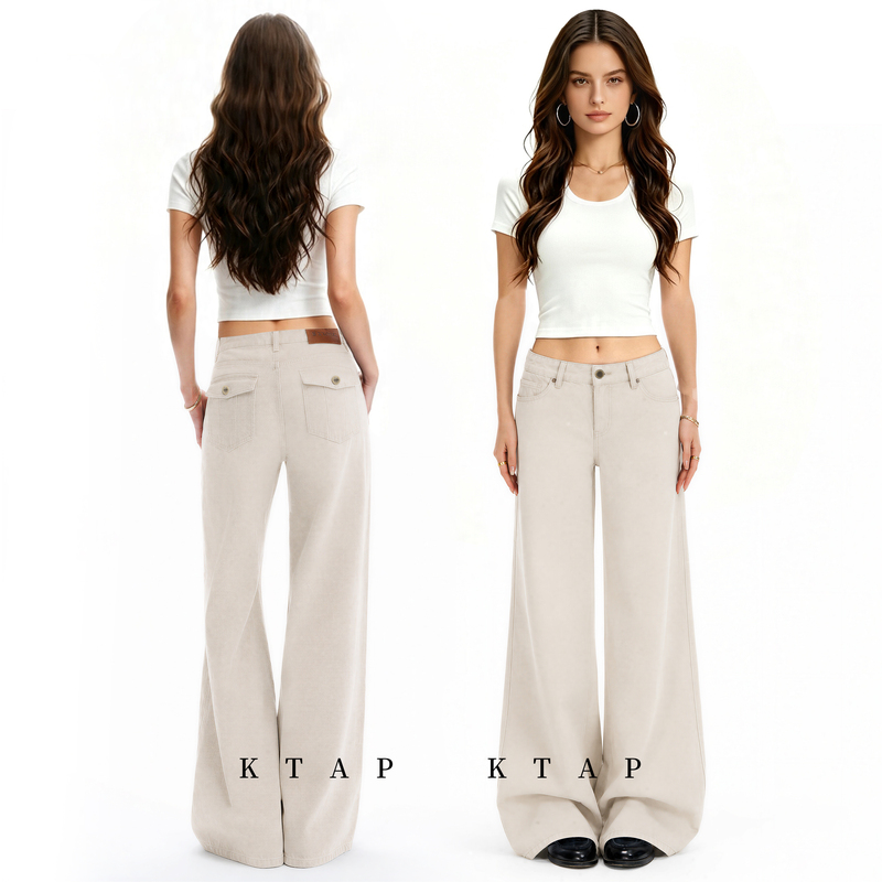 Light Apricot Low-Waisted Wide-Leg Jeans for Women 2026 New Early Autumn American Retro Loose Slimming Floor-Length Straight Pants
