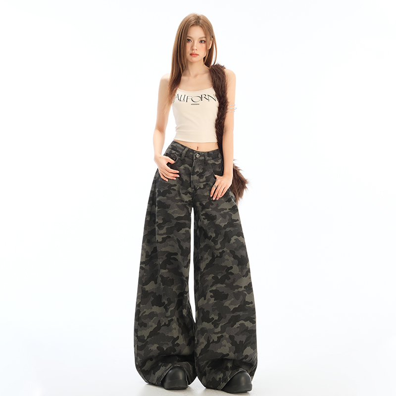 American High Street Wide-Leg Denim Camouflage Pants for Petite Women, 2026 Spring New High-Waisted Loose Cargo Straight-Leg Pants